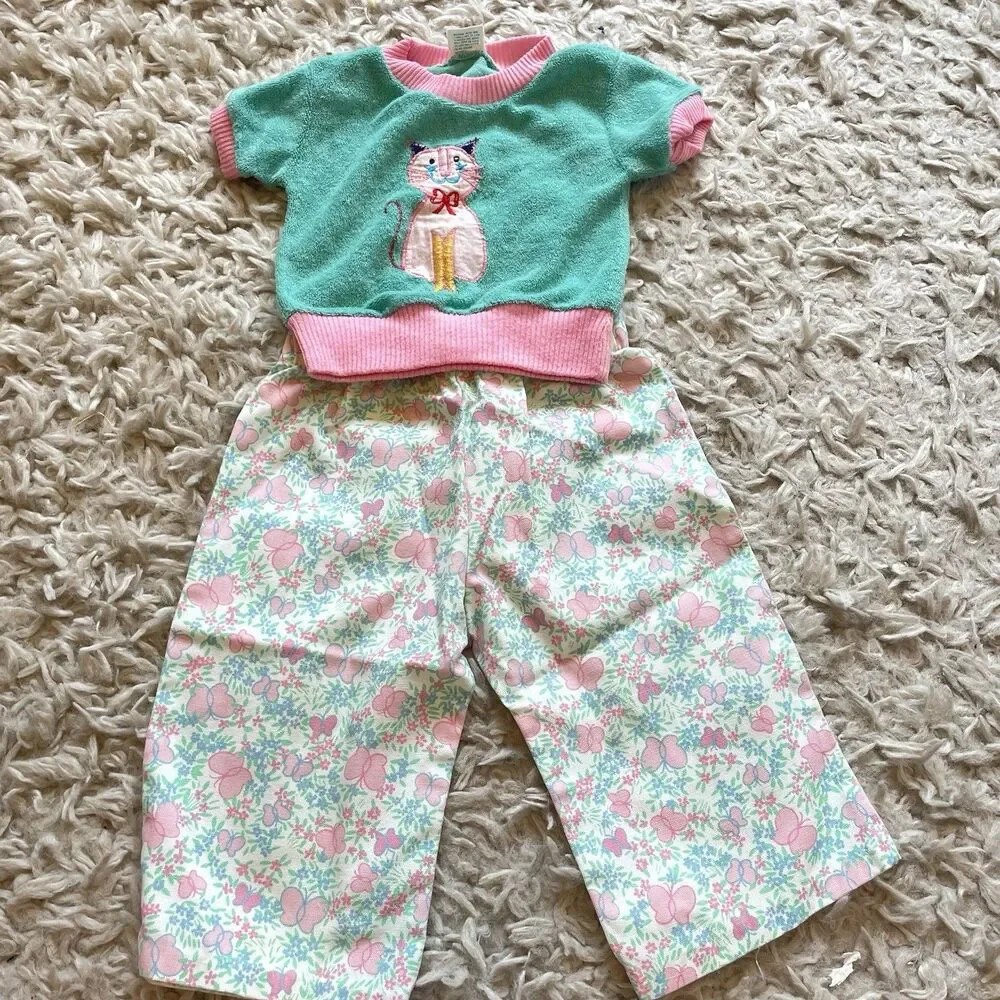 Vintage Kids Set Shirt And Pants Cat Butterflies Sz 9 Months